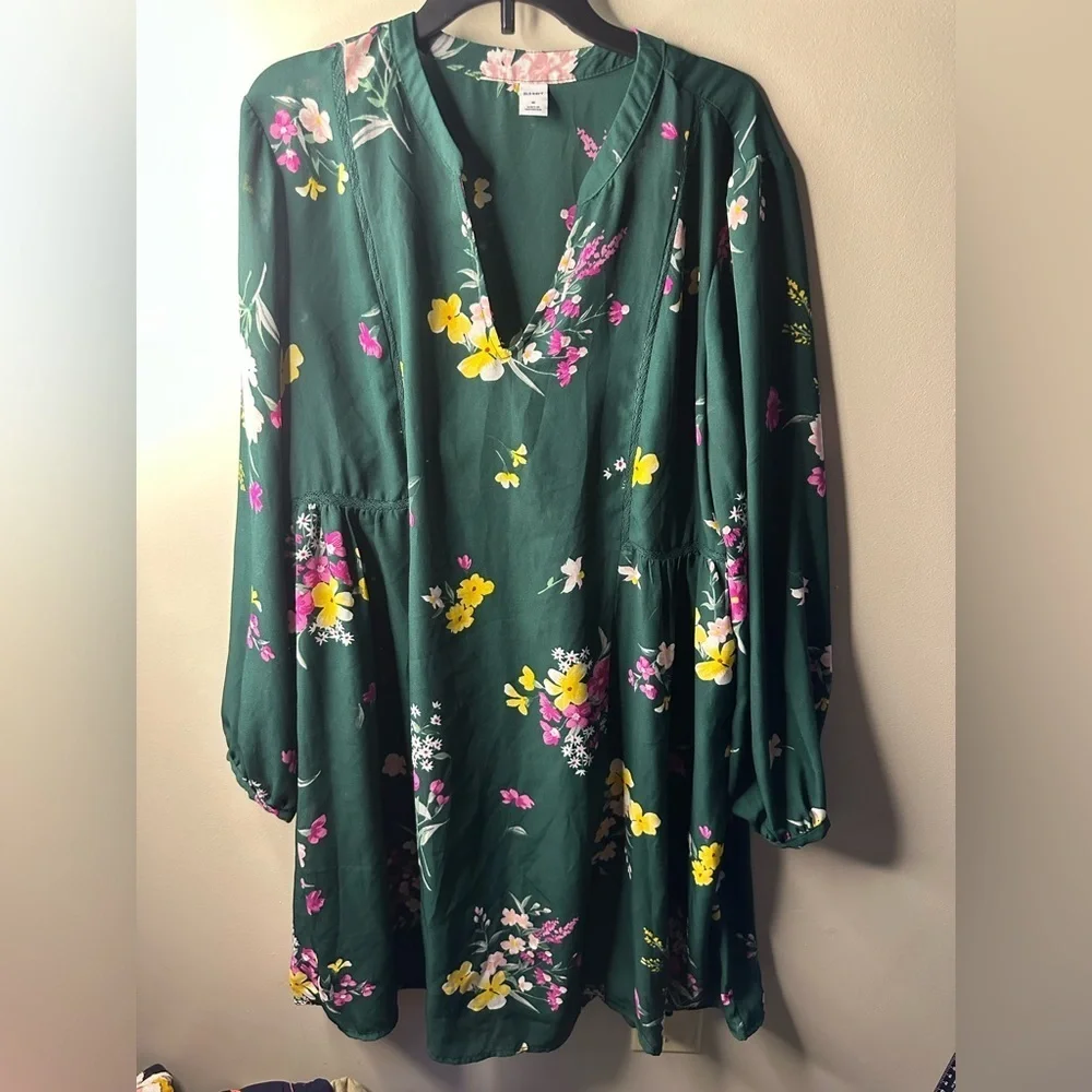 Old Navy Dress Womens Size M Green Floral Lightweight Long Sleeve Above The Knee